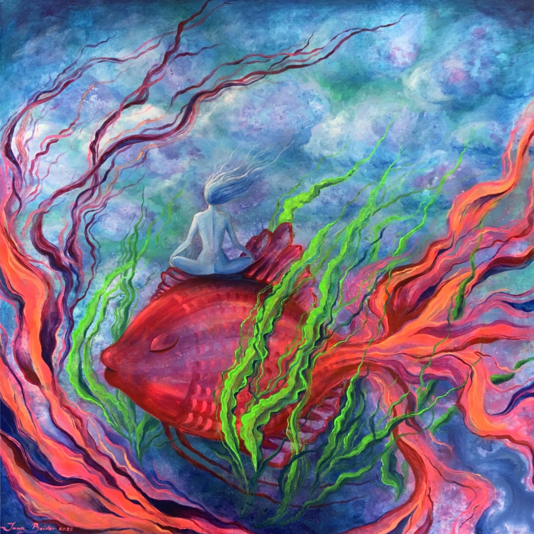 <h3>Deep Dive 🔴</h3><br/> <h4>Mixed Media on Canvas <br/> 100 cm x 100 cm <br/> 2022</h4> 