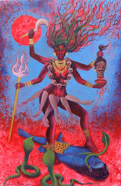 <h3>Shri Mahakali</h3><br/> <h4>Mixed Media on Canvas<br/> 60 cm x 90 cm <br/> 2022</h4>
