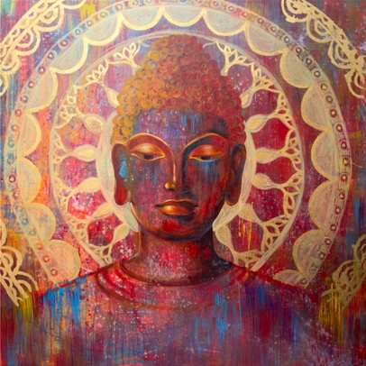 <h3>Buddha 🔴</h3><br/><h4> Mixed Media on Canvas<br/>  80 cm x 80 cm<br/> 2021</h4>