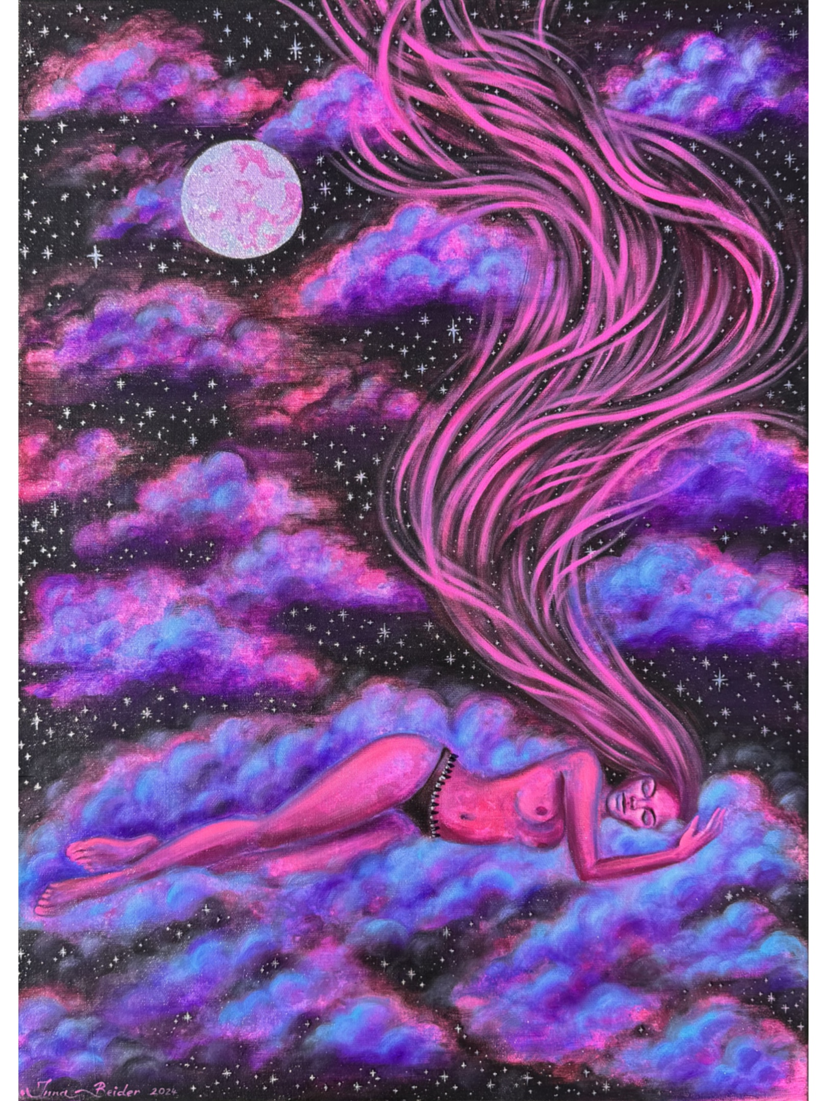 <h3>Somewhere Else under the Pink Moon</h3><br/> <h4>Mixed Media on Canvas <br/> 50 cm x 70 cm <br/> 2024</h4> 