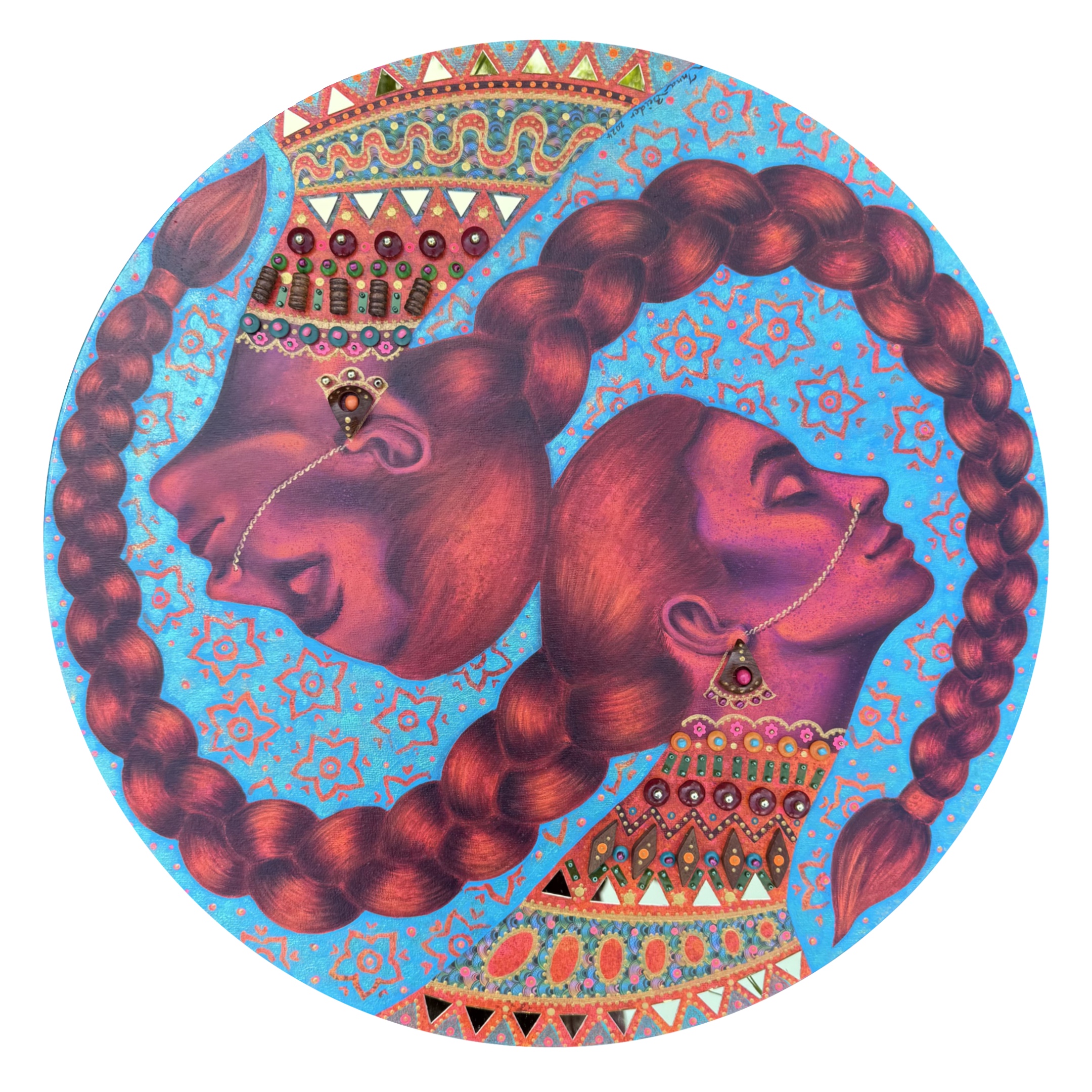 <h3>In Dialogue</h3><br/> <h4>Mixed Media on Canvas <br/> ⌀ 50 cm <br/> 2024</h4> 