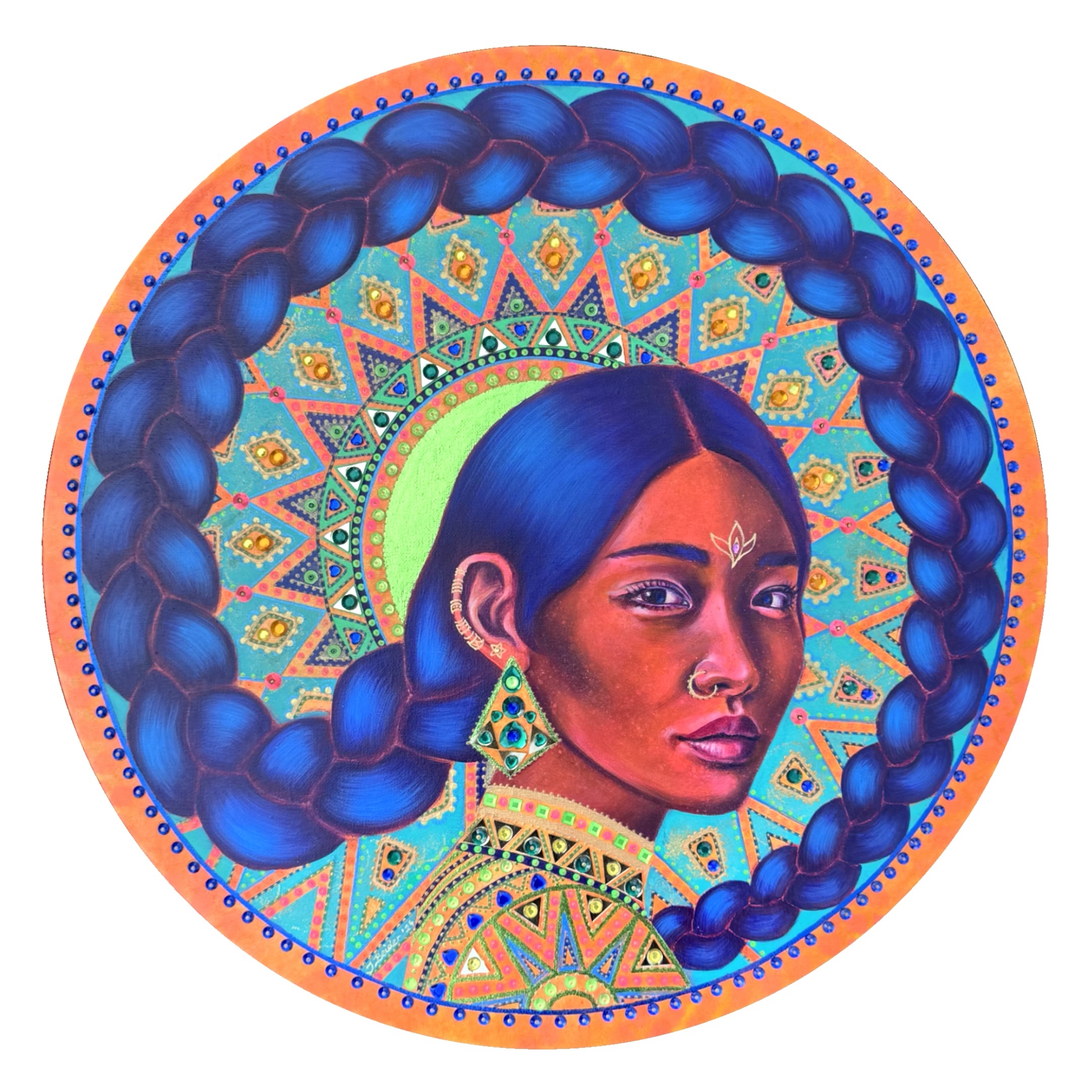 <h3>Tribal Vibes</h3><br/> <h4>Mixed Media on Canvas <br/> ⌀ 50 cm <br/> 2024</h4> 