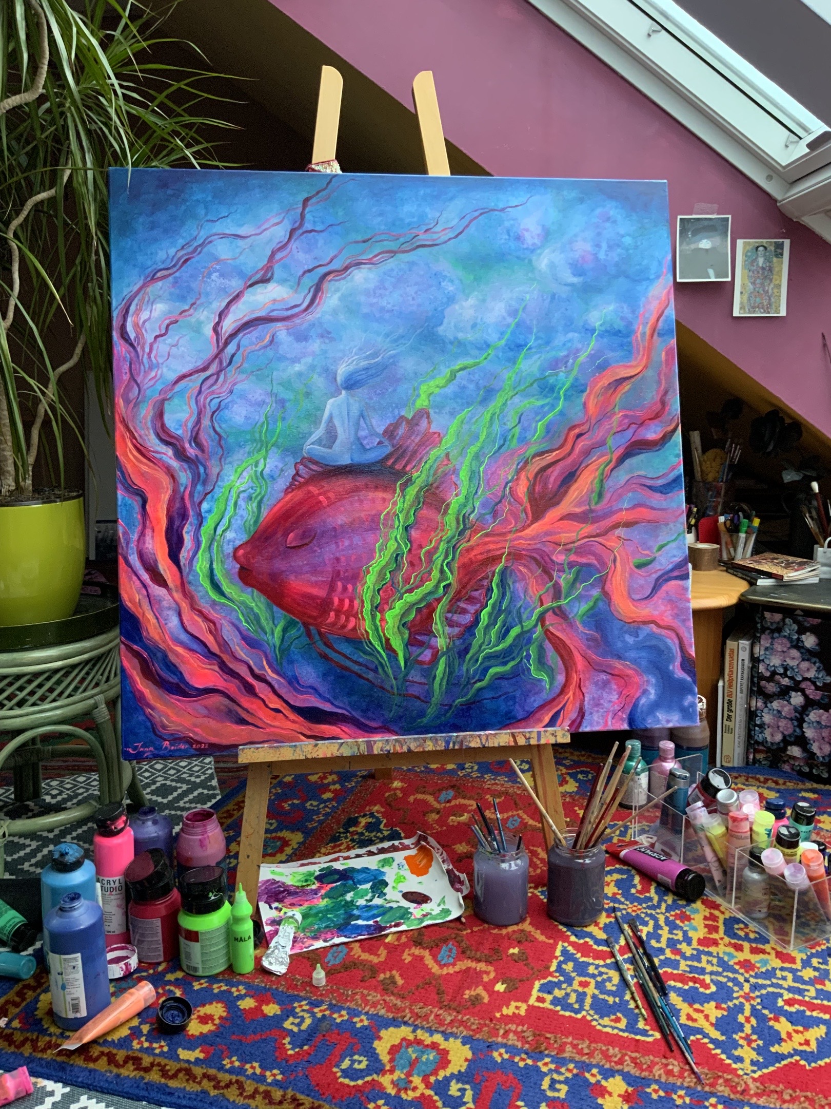 <h3>Deep Dive 🔴</h3><br/> <h4>Mixed Media on Canvas <br/> 100 cm x 100 cm <br/> 2022</h4>