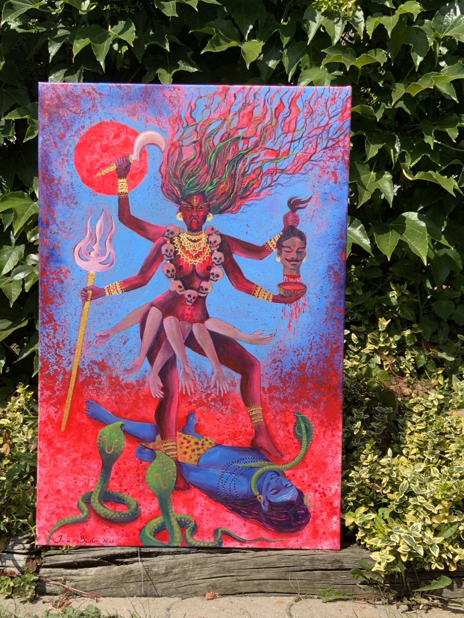<h3>Shri Mahakali</h3><br/> <h4>Mixed Media on Canvas<br/> 60 cm x 90 cm <br/> 2022</h4>