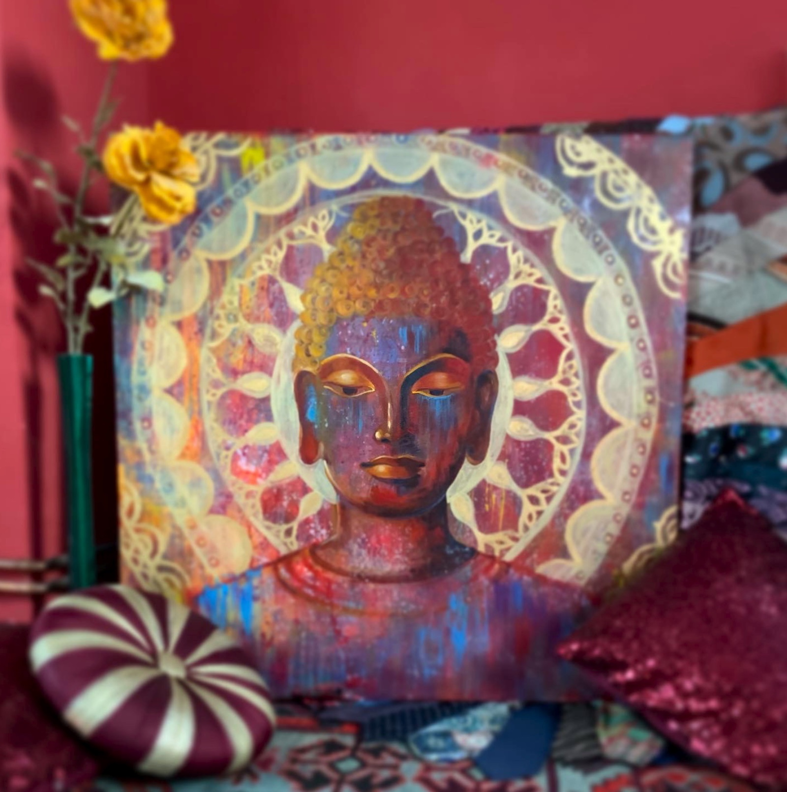 <h3>Buddha 🔴</h3><br/><h4> Mixed Media on Canvas<br/>  80 cm x 80 cm<br/> 2021</h4>