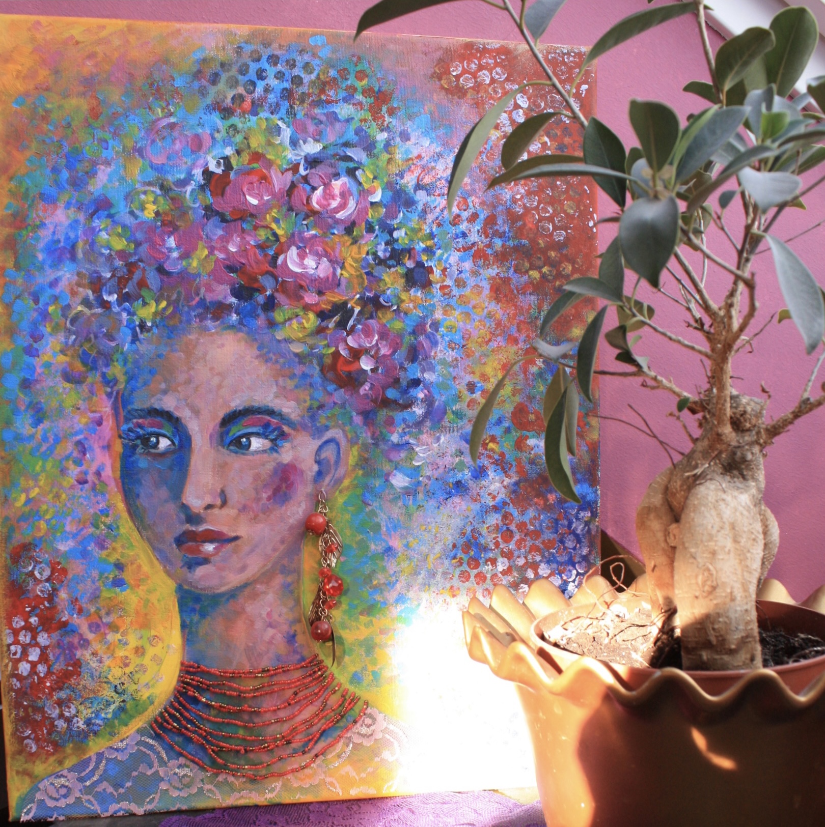 <h3>Frida 🔴</h3><br/><h4> Mixed Media on Canvas<br/>  40 cm x 50 cm<br/> 2020</h4>