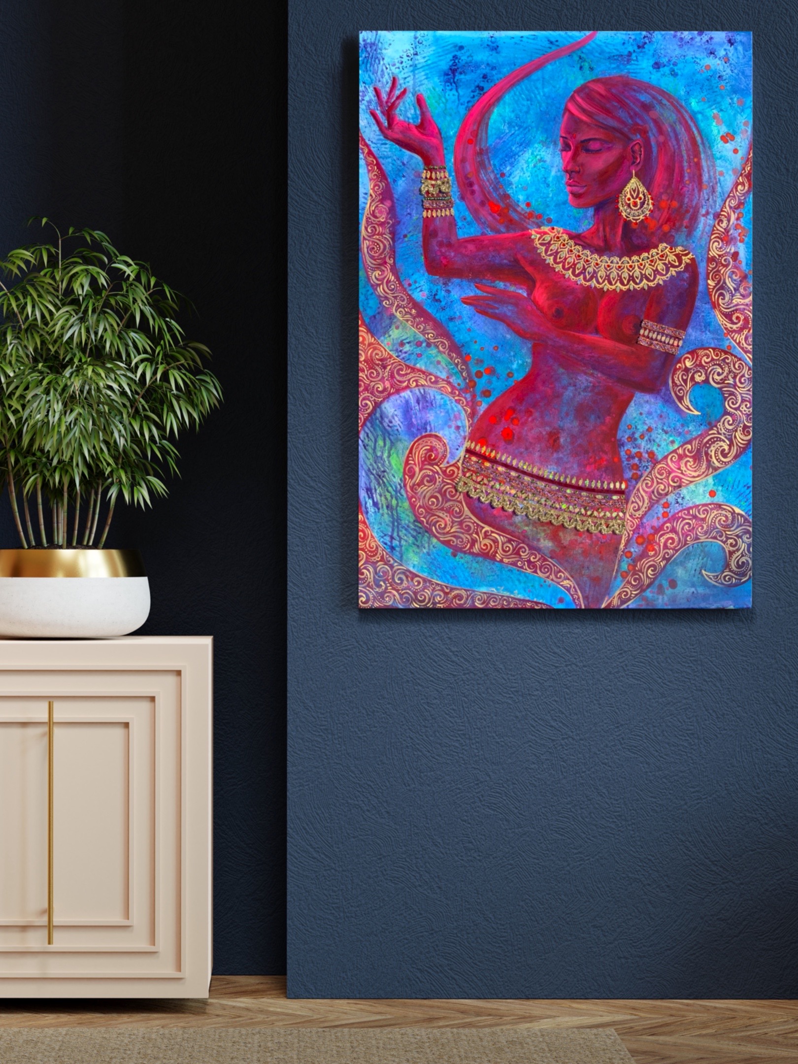 <h3>Your Inner Divinity I 🔴</h3><br/> <h4>Mixed Media on Canvas<br/> 70 cm x 100 cm<br/> 2021</h4>