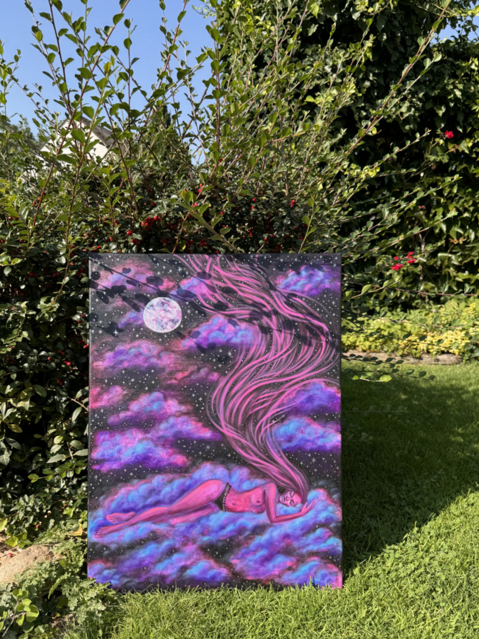 <h3>Somewhere Else under the Pink Moon</h3><br/> <h4>Mixed Media on Canvas <br/> 50 cm x 70 cm <br/> 2024</h4> 