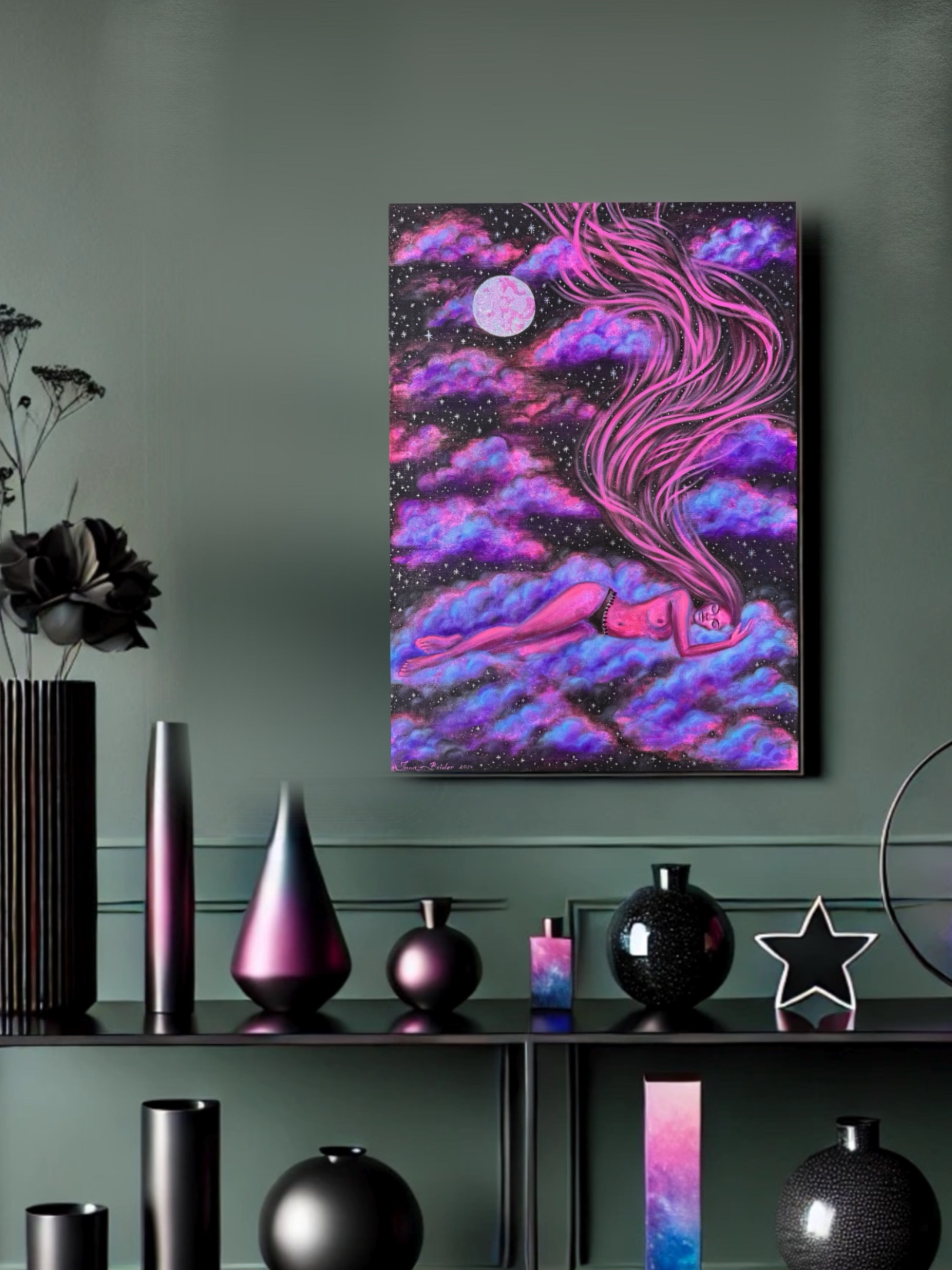 <h3>Somewhere Else under the Pink Moon</h3><br/> <h4>Mixed Media on Canvas <br/> 50 cm x 70 cm <br/> 2024</h4> 